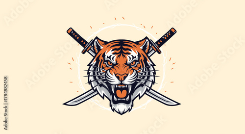 A fierce tiger head with crossed swords, displaying aggressive expression.