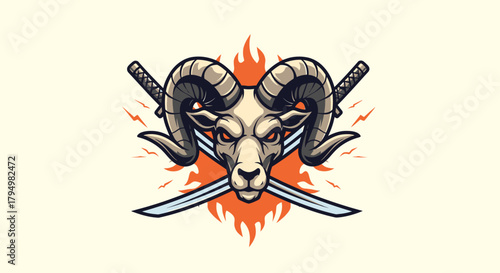 A ram's head with crossed swords behind it, set against a backdrop of stylized flames.