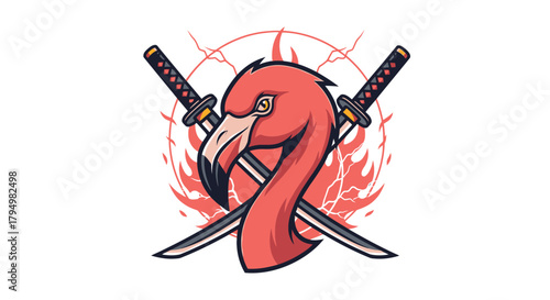 A stylized illustration featuring a flamingo head with crossed katanas and fiery background.