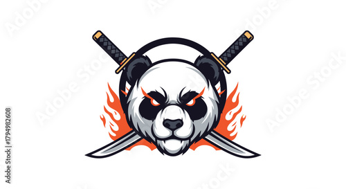 Panda head with glowing eyes and crossed swords on a white background.