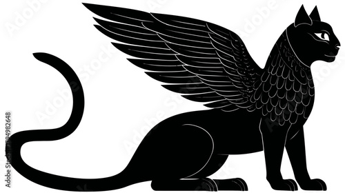 Black Winged Cat Mythological Creature Silhouette Vector Illustration Isolated on White Background