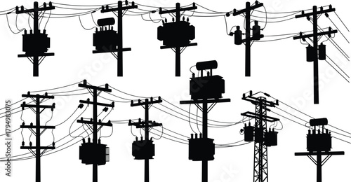 Silhouette vector illustration of electrical transformers on utility poles and towers—power grid infrastructure, voltage system, energy distribution network layout design