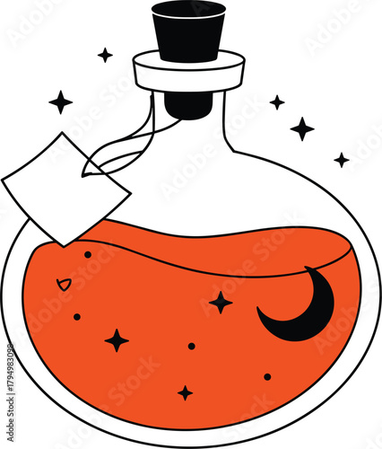 Potion bottle with orange liquid stars and moon illustration magic witch