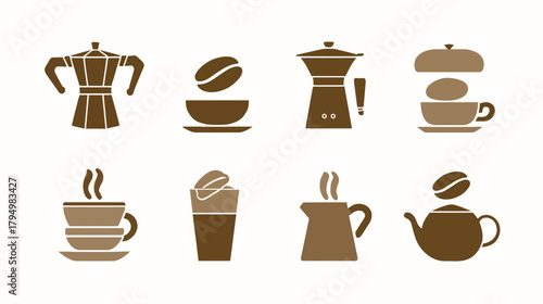 Coffee Icon Set Vector Illustration. Espresso Maker, Moka Pot, Coffee Beans, Steaming Cups, and Hot Drink Beverage Symbols.