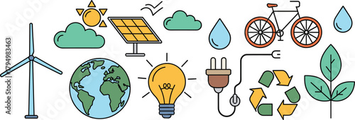 Renewable energy and eco-friendly icons for sustainability and green living Keywords: wind