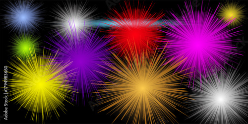 Magic fireworks in the night sky, Christmas background for holiday design, poster, postcard on a transparent,  Holiday vector.