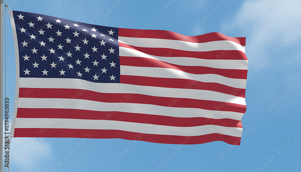 Fototapeta premium American flag waving gently in the breeze against a clear blue sky on a sunny day outdoors