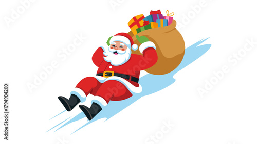 Santa's Jolly Descent: A cheerful holiday figure glides down a snowy slope, laden with a bulging sack filled with brightly wrapped gifts, embodying the festive spirit of giving and joy.