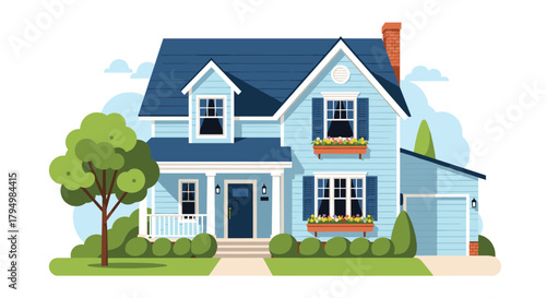 Beautiful two-story blue suburban house with a cozy porch, attached garage, and a well-kept green lawn with trees and bushes.