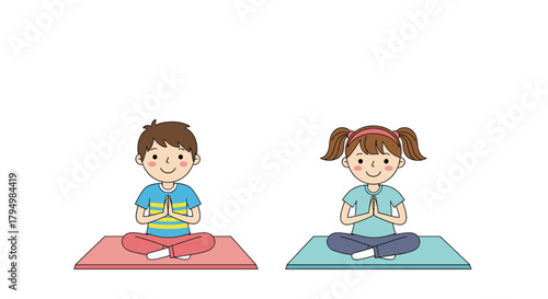 Happy cartoon boy and girl sitting on yoga mats in a prayer pose, practicing mindfulness and meditation together in a class.