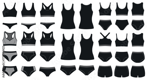 Extensive collection of black technical sketch templates for women's sportswear and underwear, including bras, tops, and shorts.