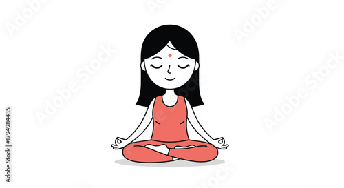 Serene woman with black hair meditating peacefully in the lotus position, practicing yoga for mindfulness and stress relief.