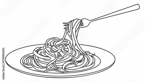 Delicious spaghetti twirled on a fork, a simple line art drawing perfect for culinary designs and restaurant menus