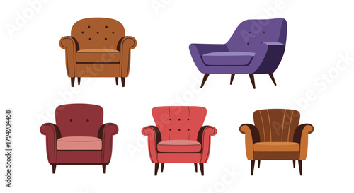 Collection of five comfortable and stylish armchairs in various retro and modern designs and a range of vibrant, warm colors.