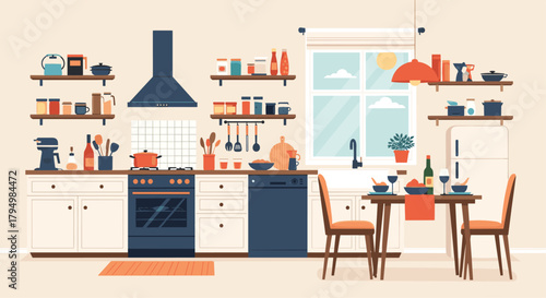 Bright and cozy modern kitchen interior with white cabinets, a dining area, and a large window letting in warm sunlight.