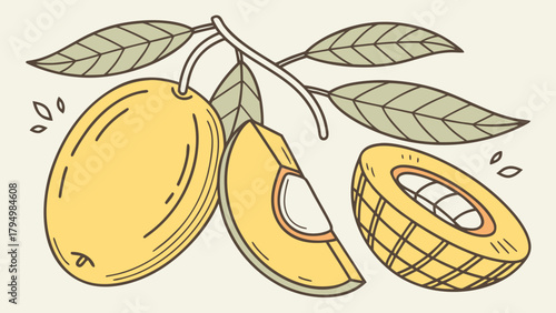 Artistic loquat fruit illustration featuring whole, sliced, and halved fruits with leaves for culinary designs