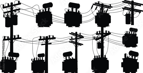 Silhouette vector illustration of electrical transformers on utility poles—power grid infrastructure, voltage system, energy distribution layout for engineering reference