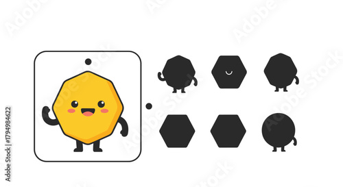 Educational matching game for children to find the correct shadow for a cute and happy cartoon octagon geometric shape character.
