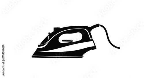 Simple black and white silhouette icon of a modern electric steam iron, a common household appliance for laundry and pressing clothes.