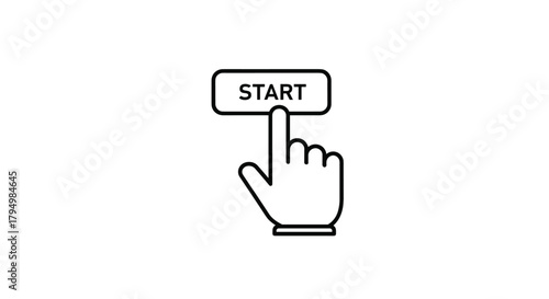 Minimalist line art icon of a hand cursor clicking a rectangular 'Start' button, symbolizing the beginning of a process.