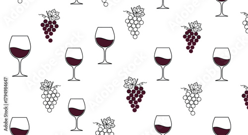 Elegant and simple seamless pattern with glasses of red wine and bunches of grapes, perfect for winery or restaurant backgrounds.