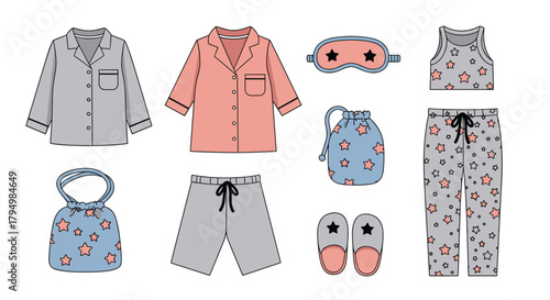 Cozy collection of women's pajama sets and sleep accessories, including a sleep mask, slippers, and matching drawstring bags.