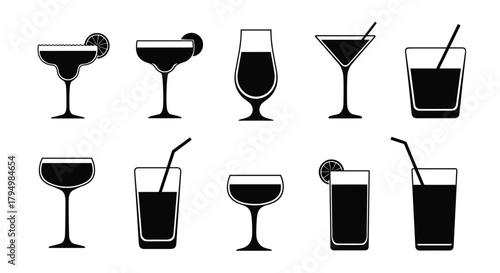 Comprehensive set of black silhouette icons for various cocktail and drink glasses, including martini, margarita, and highball styles.