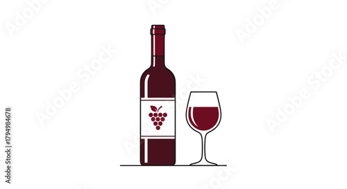 Classic and elegant illustration of a bottle of red wine with a grape logo on the label, presented next to a half-full glass.