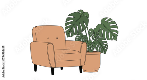 Stylish and modern interior design illustration of a comfortable beige armchair next to a large potted monstera plant.