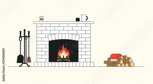 Cozy and minimalist illustration of a white brick fireplace with a roaring fire, a stack of logs, and fireplace tools.