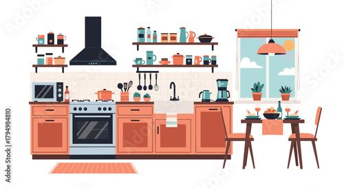 Modern and stylish kitchen interior featuring warm-toned cabinets, a dining area, and a large window with a view of the sky.