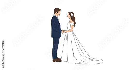 Elegant and simple illustration of a bride and groom holding hands, with the bride in a beautiful white wedding dress.