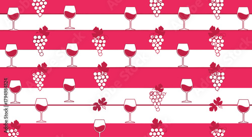 Seamless repeating pattern of red wine glasses and grape bunches set against a background of bold pink and white stripes.