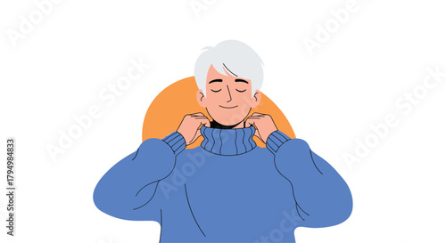 Comfortable and content young man with white hair smiling as he adjusts the collar of his cozy, oversized blue turtleneck sweater.