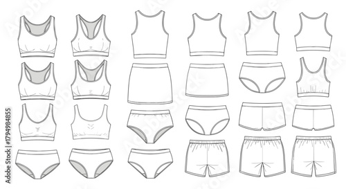 Large collection of technical sketch templates for women's activewear and underwear, showing various styles of bras, tops, and shorts.