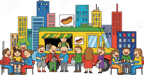 Diverse Crowd Enjoys Food Truck Fare Amidst Colorful Cityscape and Tall Buildings