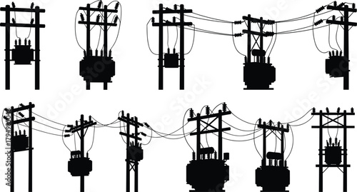Silhouette vector illustration of electrical transformers on utility poles—power grid infrastructure, voltage system, energy distribution network layout for engineering reference