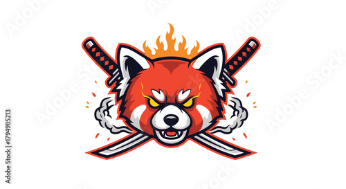 A fierce red panda with glowing eyes and crossed swords, surrounded by flames and smoke.
