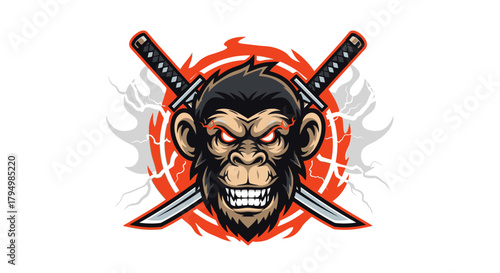 Cartoon illustration of an angry monkey head with crossed swords behind it, set against a stylized red and white background.