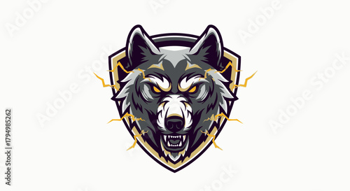 A stylized wolf head with bared fangs, set against a shield with lightning bolt accents.