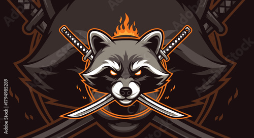 Cartoon raccoon head with crossed katana swords and flames, set against a stylized background.