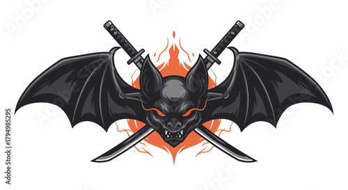 Illustration of a bat with crossed katanas and fiery background, creating a powerful and stylized design.