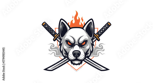 Fierce wolf head illustration with crossed swords, flames, and a determined expression.