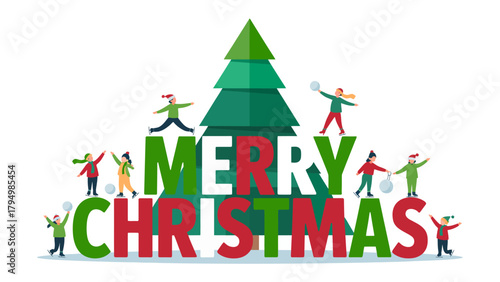 Festive Holiday Cheer: A charming Christmas illustration captures the spirit of the season, showcasing children playing merrily around the 'Merry Christmas' message and a decorated Christmas tree. 