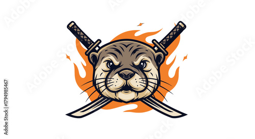 Fierce otter with crossed swords and flames, ready for battle.
