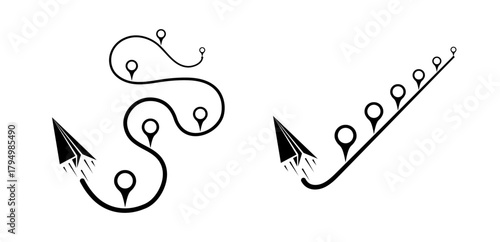 Paper airplane location pin markers, line with curve, straight line vector design. Simple and complex difficult complicated business process solution. Gps map markers vector with origami plane. 