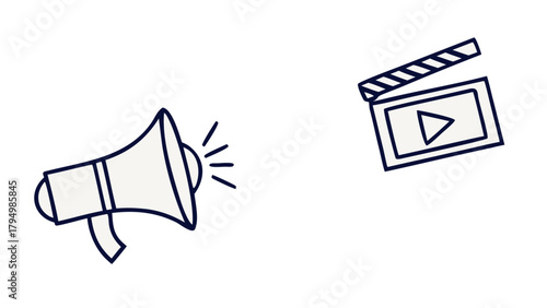 Announce your movie! Modern megaphone and clapperboard icons for media production and marketing campaigns