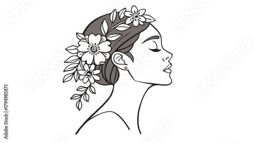 Elegant woman with flowers in her hair, a serene minimalistic line art design for beauty and wellness brands