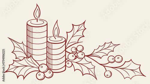 Elegant Christmas card element with candles and holly berries, perfect for holiday greetings and seasonal designs