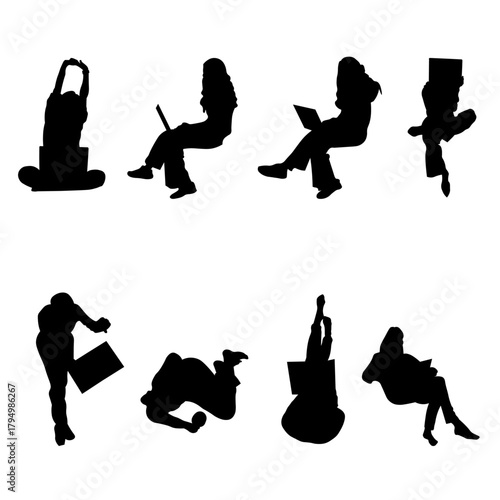 A set of 8 vector silhouettes featuring people in various poses, including sitting, leaning, walking, running, and engaging in daily activities. Perfect for use in architectural designs, presentation